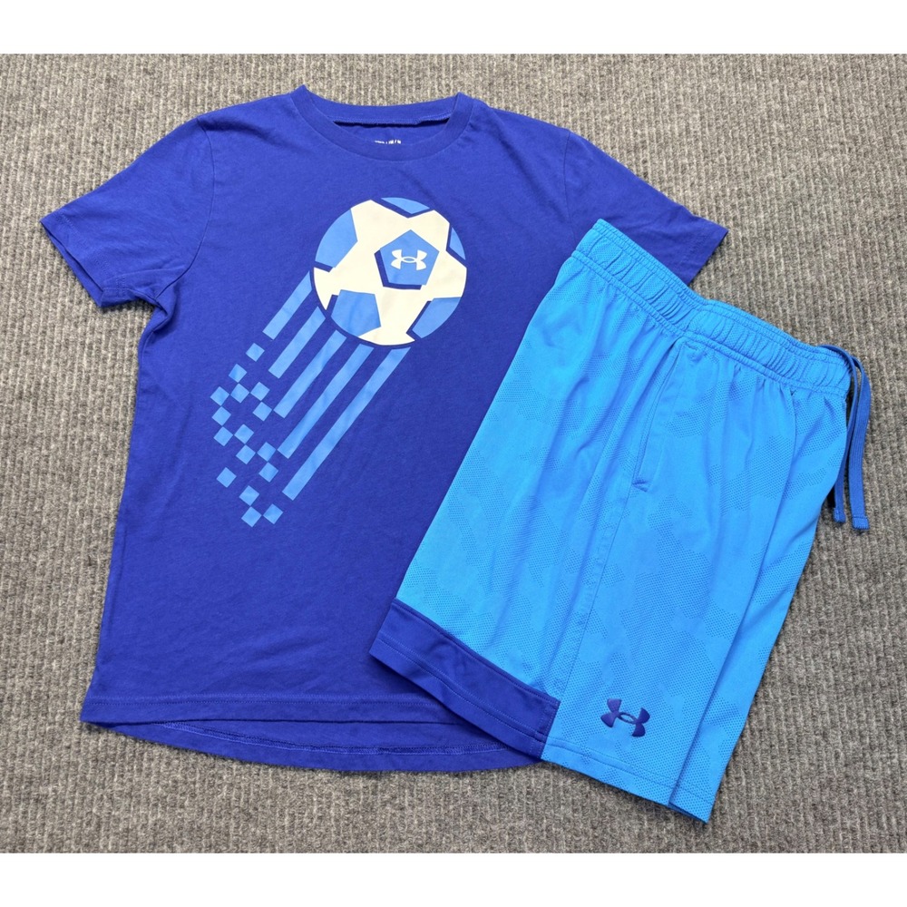 Under Armour Boys Blue Soccer Graphic T-Shirt and Mesh Shorts Set Size Medium M
